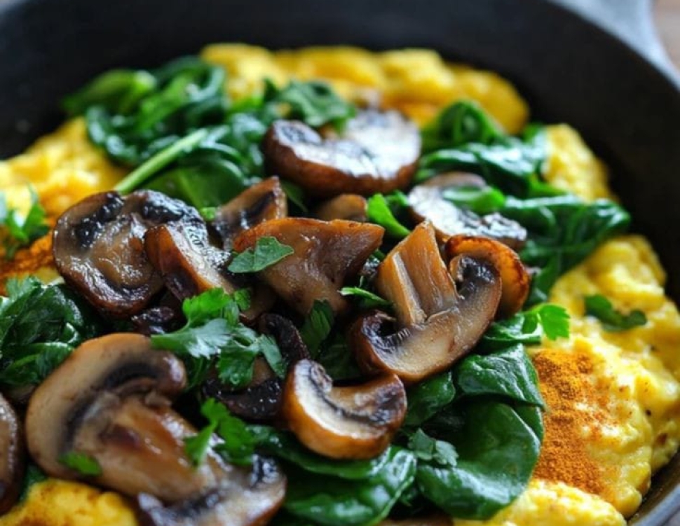 scrambled tofu with spinach snd omelette